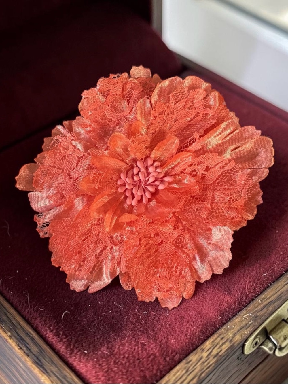 Vintage Satin & Lace Large Coral Brooch